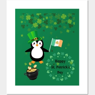 Happy St Patrick's Day Penguin With Pot of Gold and Irish Flag Posters and Art